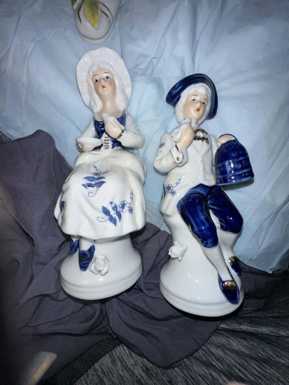 Vintage Porcelain Lady and Gentleman Figurines, Blue and White, Made in Korea